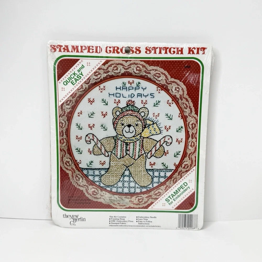 Vintage The New Berlin Co. Stamped Cross Stitch Hoop Kit Happy Holidays Bear